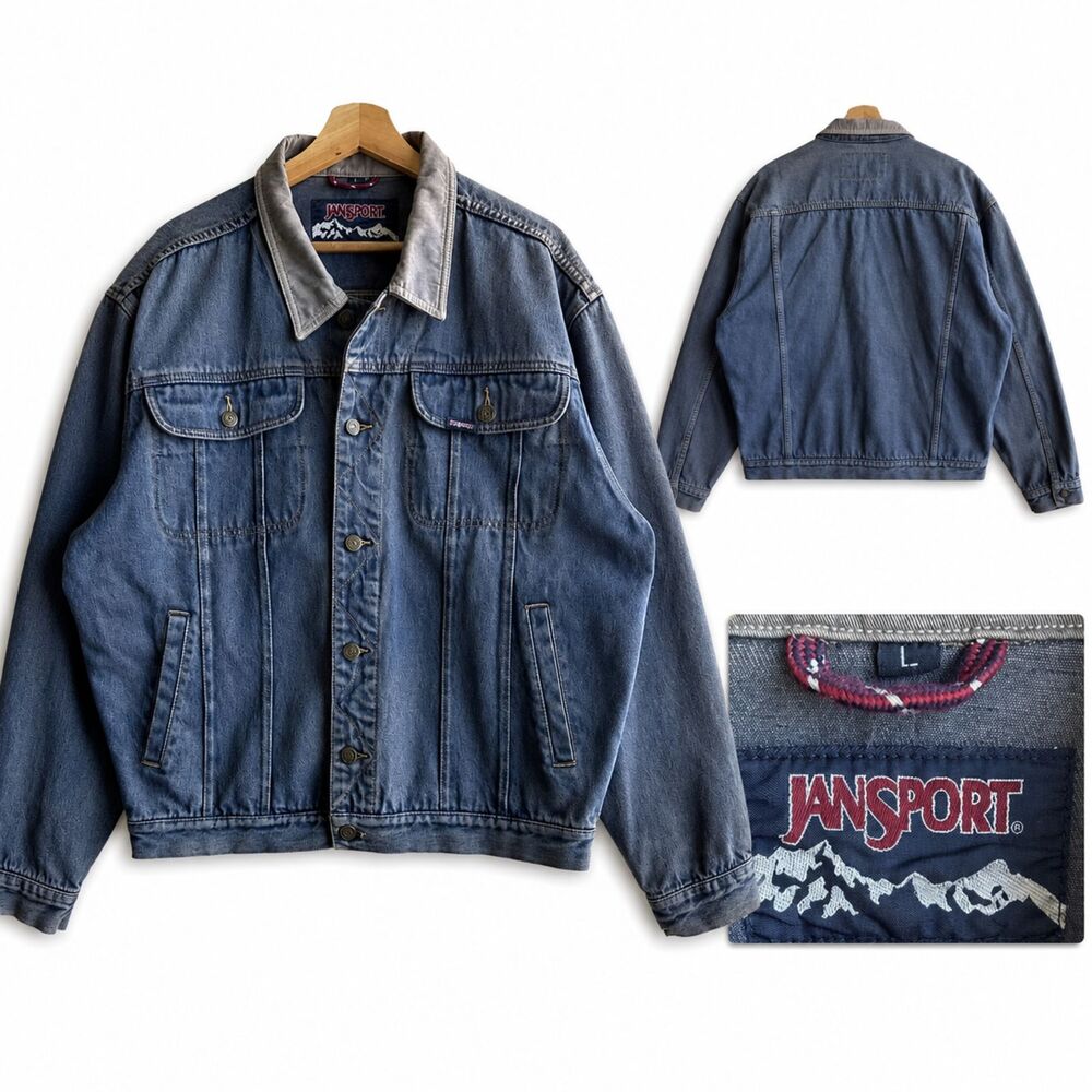 Y2K Jansport Denim Jacket Medium Wash Blue Men’s Size Large